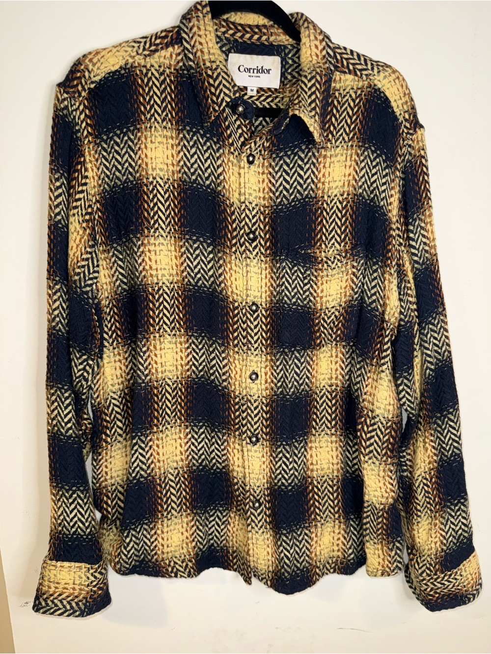 Corridor New York Men’s M Navy Gold Herringbone Acid Plaid Shirt